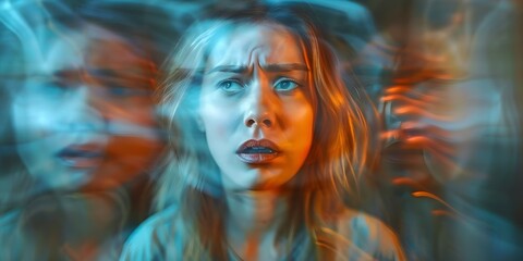 Struggling with mental health: Blurry image of a woman depicting emotions of fear, anxiety, and insomnia. Concept Mental Health, Emotions, Fear, Anxiety, Insomnia