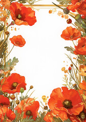 A frame with a bunch of red flowers in it. The frame is gold and white