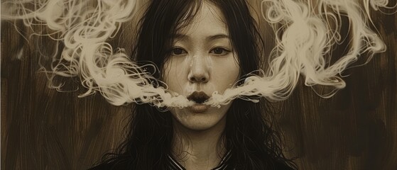  A portrait of a female subject exhaling white vapor from her mouth and simultaneously holding a lit cigarette