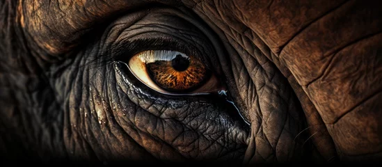 Poster Close-up view of an elephant's eye showing the pupil clearly, set against a neutral gray background © 2rogan