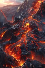 A backdrop of an epic in stone, with lava flowing, symbolizing unleashed power - obrazy, fototapety, plakaty
