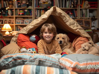 A child builds a fort out of pillows and blankets with the help of his dog.