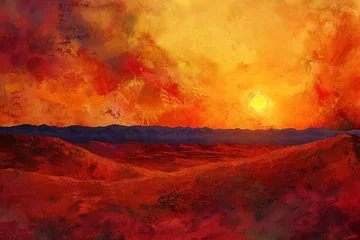 Foto op Plexiglas Crimson Dusk Fiery Sunset Over Desert Sands, Digital Art, Desert Beauty Theme © furyon