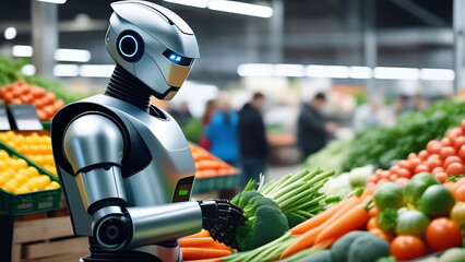 A silver robot sorts green vegetables in a supermarket - obrazy, fototapety, plakaty
