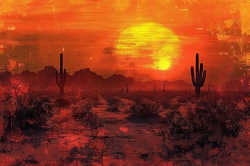 Crimson Dusk Fiery Sunset Over Desert Sands, Digital Art, Desert Beauty Theme