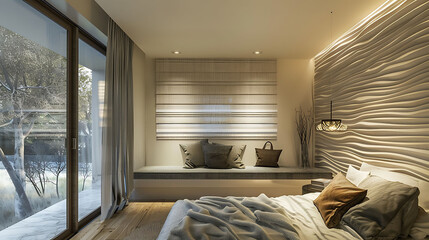 Contemporary bedroom with a textured feature wall and hidden storage beneath a window seat