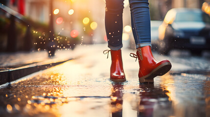 Feet in red rubber boots rain puddle on city street background, fun in the rain - obrazy, fototapety, plakaty