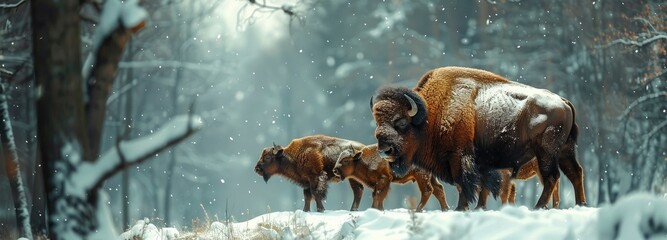 European bison in a winter forest.
