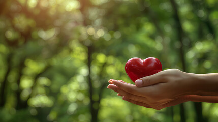 Woman hand holds red medical heart on bokeh background