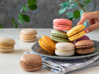 A person is holding a plate of assorted colored macarons. The plate is on a table with a blue cloth underneath - Powered by Adobe