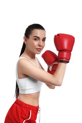 Beautiful woman in boxing gloves on white background