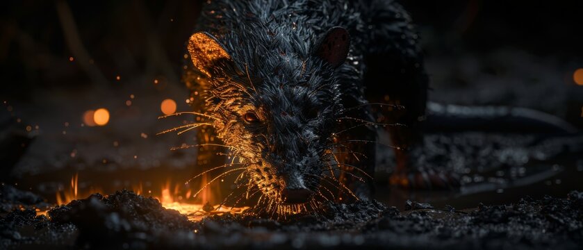  A clear photo of a rat on fire with flames emanating from its mouth
