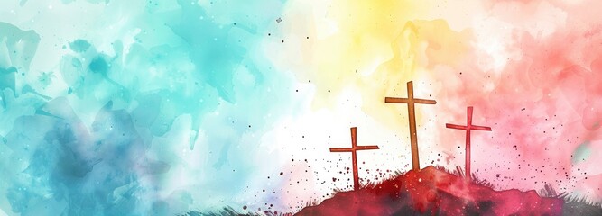 Watercolor Easter background with three crosses on a hill