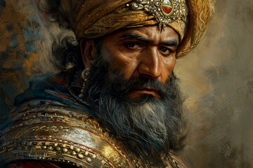 Resourceful Ancient Persian nomad warrior. History bearded fighter with head turban. Generate ai - obrazy, fototapety, plakaty