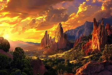 Poster Garden of the Gods Majestic Rock Formations Under a Vibrant Sunset Sky, Digital Art Natural Wonder Theme © furyon