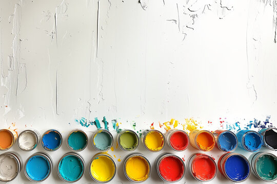 petits et gros pots de peinture de toutes les couleurs, pour travaux de r&eacute;novation du b&acirc;timent, peintre en b&acirc;timent, BTP, et quelques &eacute;claboussures sur un mur blanc avec espace n&eacute;gatif copy space