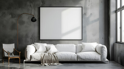 A pristine white mockup frame placed against a concrete accent wall in a high-tech living room, showcasing a futuristic atmosphere