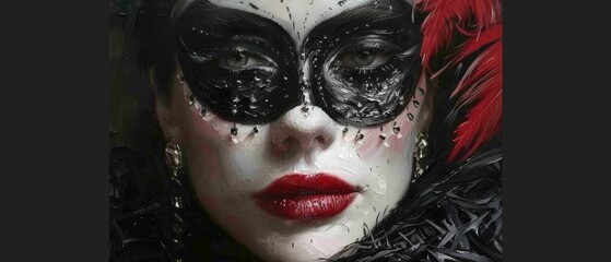  A close-up image of a person in a black and white mask with red hair and black/white makeup