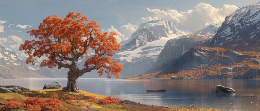  A picture of a mountaintop lake with a tree in the foreground and a boat floating behind it
