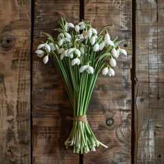 Bouquet of snowdrops on wooden background,  