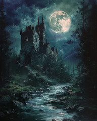 A mystical painting of a castle silhouetted against a full moon, surrounded by a forest and a flowing stream