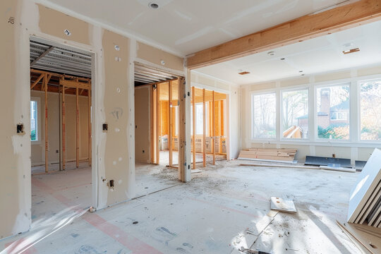 A professional photo of a room being transformed during a home renovation.