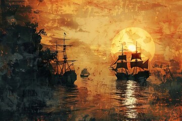Golden Era of Piracy - Digital Art of a Sunset Seascape with Sailing Ships and Treasure Island - obrazy, fototapety, plakaty