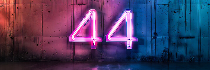 Neon light number 44 on concrete wall, colorful glow.