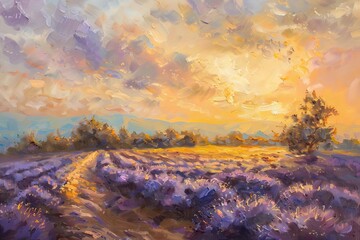 Fototapeta na wymiar Golden Sunrise over Lavender Fields Dreamy Landscape, Oil Painting