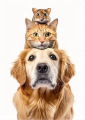 Cute funny golden retriever dog, orange tabby cat and hamster stacking isolated on white background looking at the camera, funny animal friends portrait, for cards and advertising.