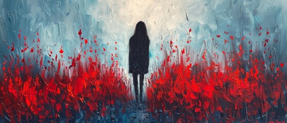  A vibrant painting depicts an alluring woman, standing confidently amidst the vibrant tapestry of blooming red roses bathed in an azure sky - obrazy, fototapety, plakaty