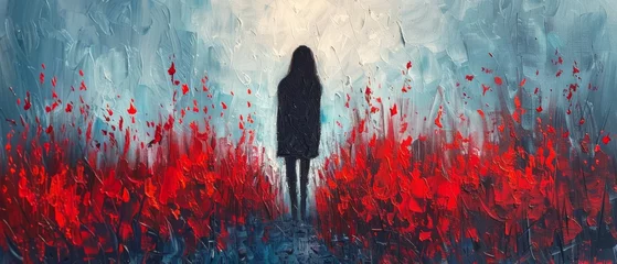 Fotobehang  A vibrant painting depicts an alluring woman, standing confidently amidst the vibrant tapestry of blooming red roses bathed in an azure sky © Wall