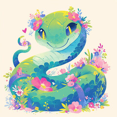 2025 A green snake with a flowery background. The snake is surrounded by flowers and has a butterfly on its head