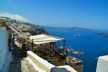 santorini greece greek tourist resort in summer sea white houses cruise ships food