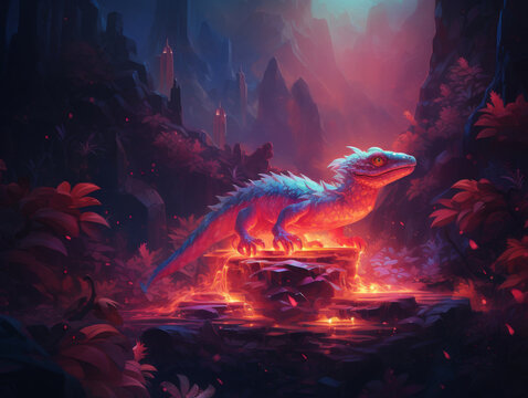 A mesmerizing salamander painting with intricate scales and fiery colors, cute, wonderland, 3d, cinematic