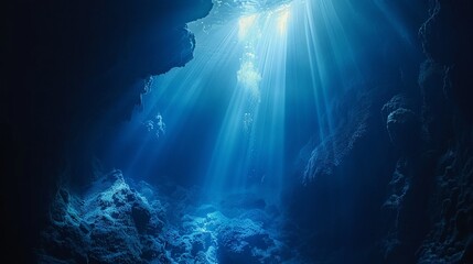 4K underwater cave exploration, eerie light beams, wide shot, high-detail, mysterious and thrilling - obrazy, fototapety, plakaty