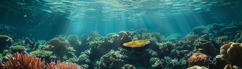 4K vibrant coral reef, bustling marine life, wide-angle, crystal-clear detail, underwater paradise - obrazy, fototapety, plakaty