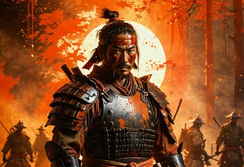 Portrait of a Japanese samurai. A soldier fighting with a samurai sword