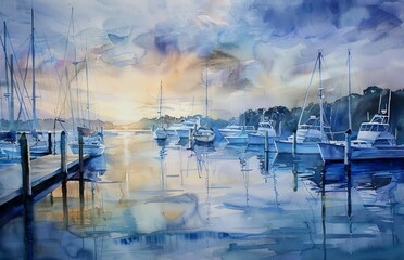 Harbor Serenade, Watercolor Painting of Boats Docked in a Tranquil Marina at Dusk