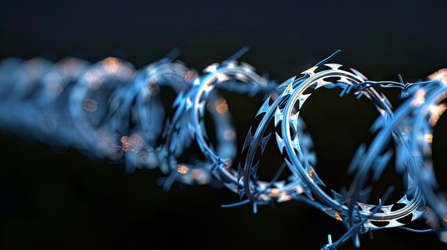 Industrial protection. Behold the sharpness of metal barbed wire on a black background, symbolizing the robust defense and security measures in place, a striking image of protection and safety
