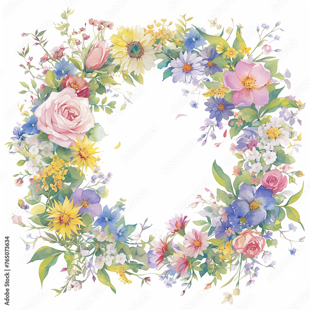 Poster a colorful flower wreath with a white background. the flowers are arranged in a circular pattern, wi