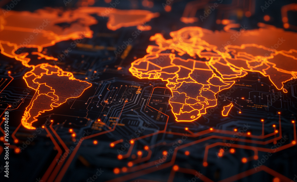 Poster connected world: illuminated world map over circuitry