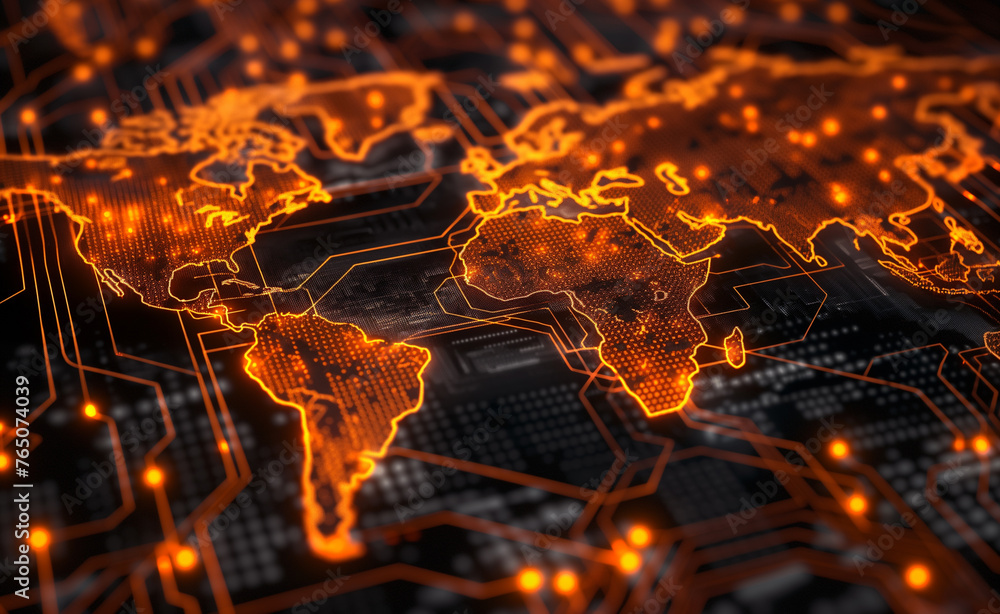 Poster connected world: illuminated world map over circuitry