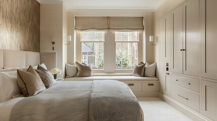 Contemporary bedroom with textured wallpaper and concealed drawers under a window seat - obrazy, fototapety, plakaty