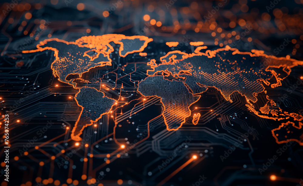 Poster connected world: illuminated world map over circuitry