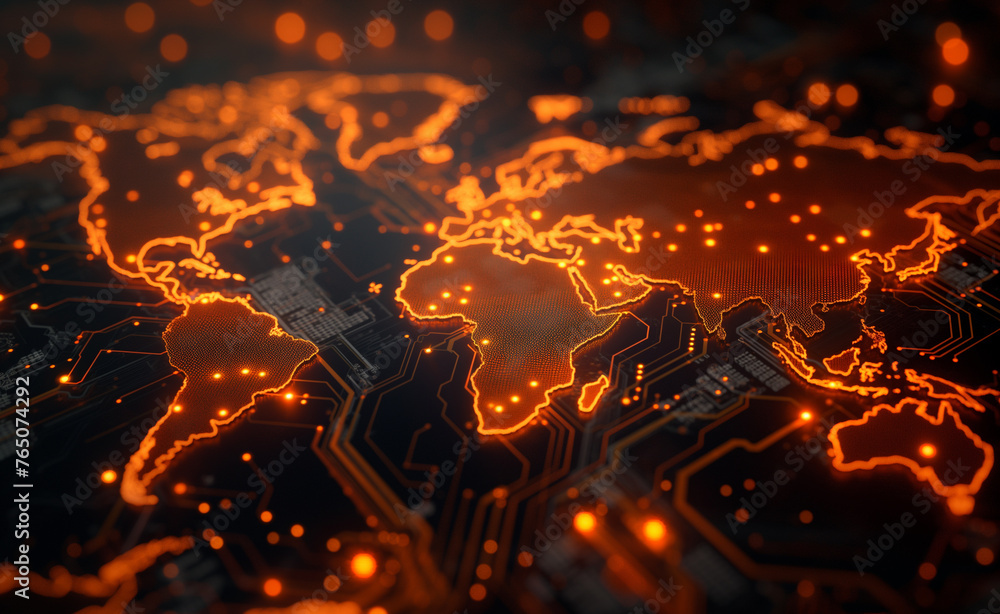 Poster connected world: illuminated world map over circuitry