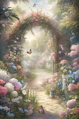 Lush pastel garden gate filled with butterflies, birds and dreamy environment, Painting style V4