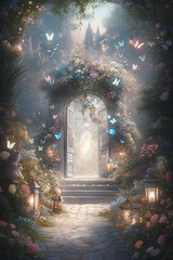 Lush pastel garden gate filled with butterflies, birds and dreamy environment, Painting style