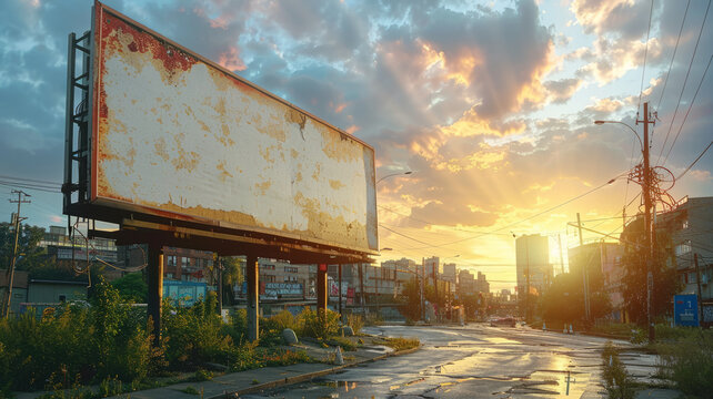 realistic White and empty horizontal billboard. Modern downtown area ,generative ai