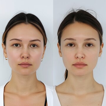 A comparative portrait showcasing the subtle yet noticeable differences in a woman's facial features before and after a beauty treatment.
